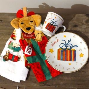 Set of 2 kitchen towels, plate and mug